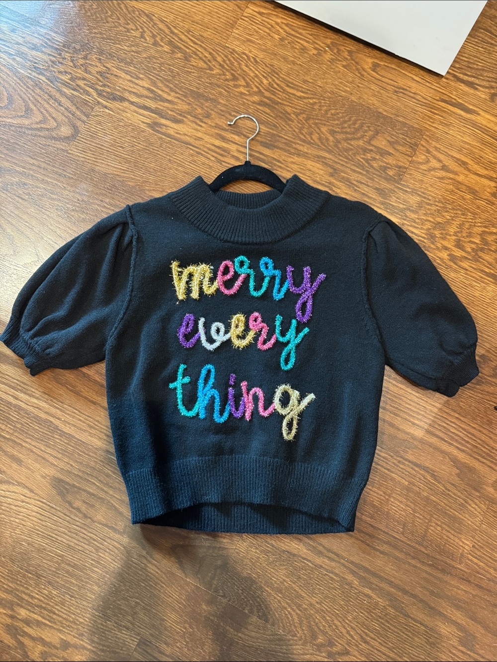 Peach Love California Black 'Merry Every Thing' Puff-Sleeve Sweater